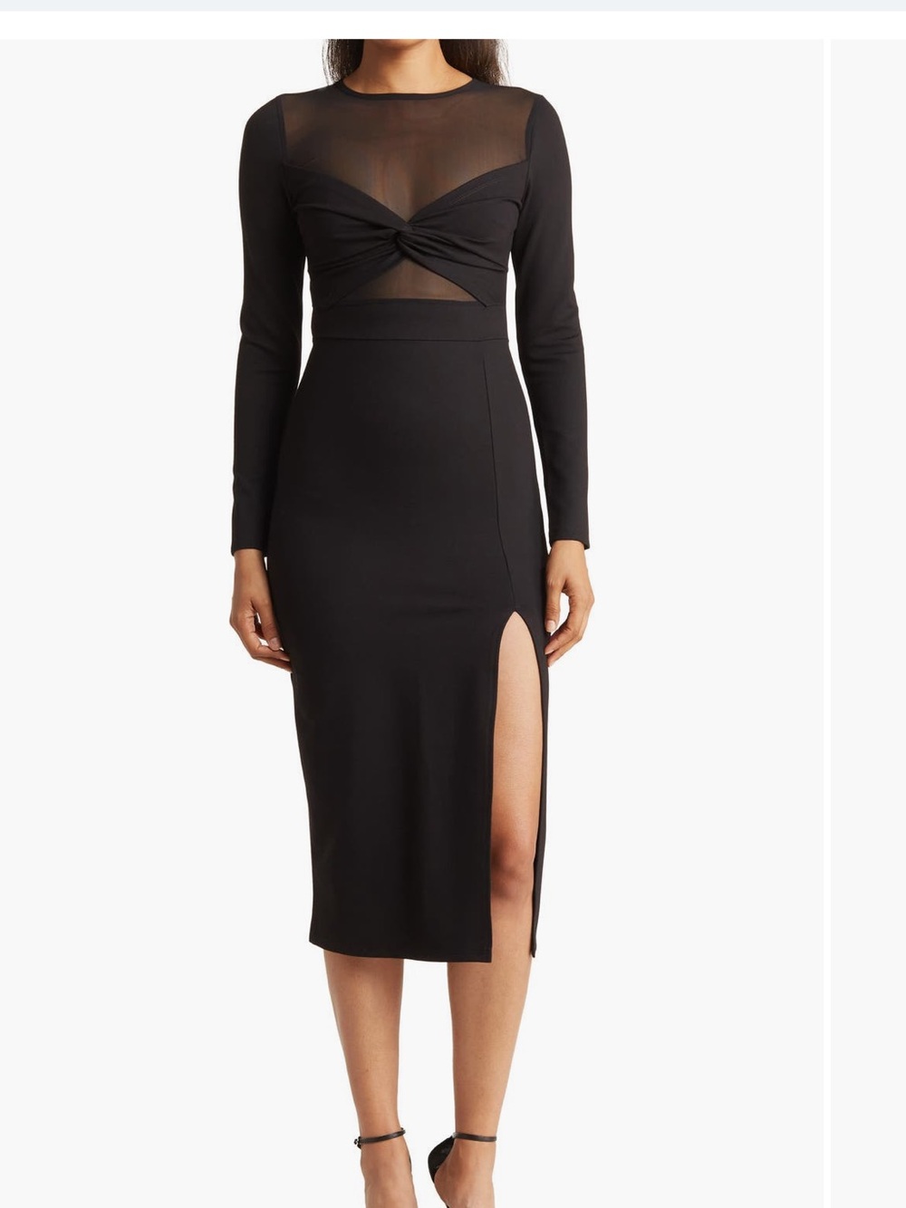 Long-Sleeve Black Mesh-Inset Midi Dress with Twist Front